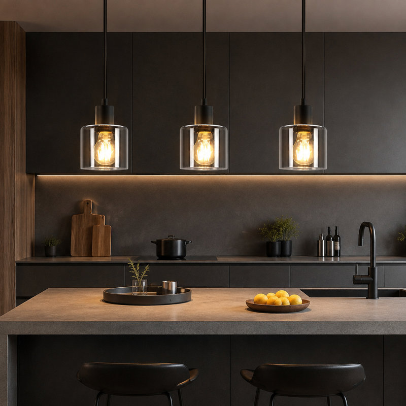 3-Light Kitchen Island Pendant, Schwarz Smoked Grey