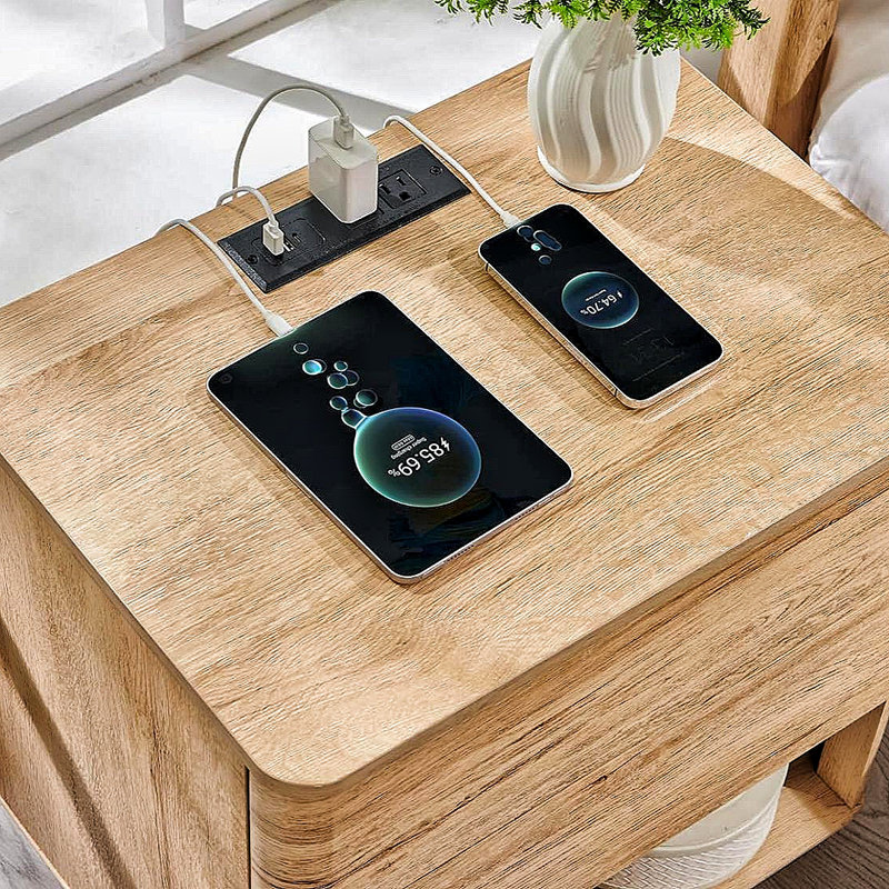 Table de chevet moderne à 2 tiroirs avec station de charge, conception sans poignée à pousser, Tanné