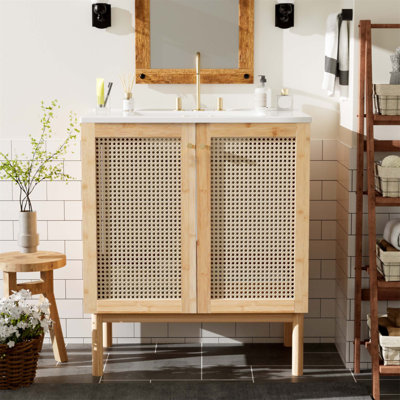 30-Inch Natural Bamboo Bathroom Vanity With Handmade Rattan Doors And Soft-Closing Mechanisms, Perfect For Modern And Stylish Bathrooms