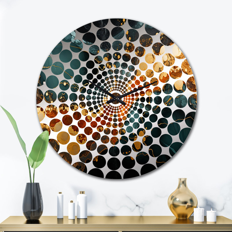 Horloge murale abstraite dorée et verte Serene Abstract Marble Dream III, Très grand