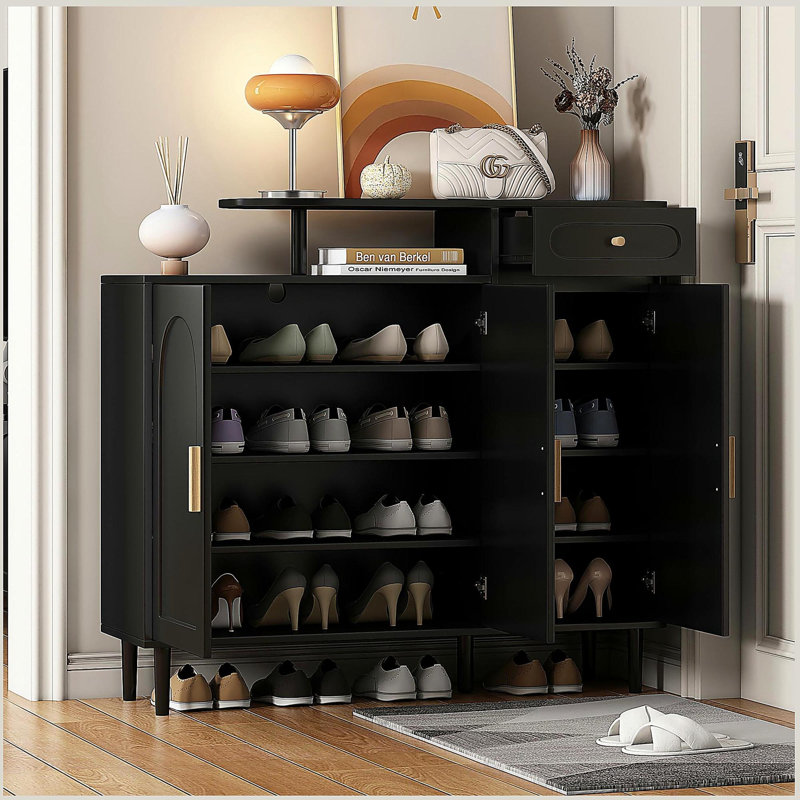 Range-chaussures avec portes arquées et tiroir, buffet de rangement avec tablettes réglables et pieds en bois massif, Noir