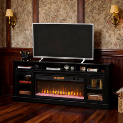 Modern Tv Stand With Electric Fireplace, Black Mdf Steel, For Spacious Home Entertainment