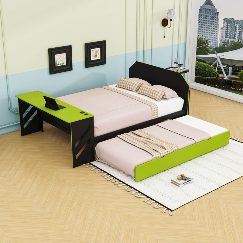 Full Daybed with Twin Trundle, USB Port, and Smart Desk, Green