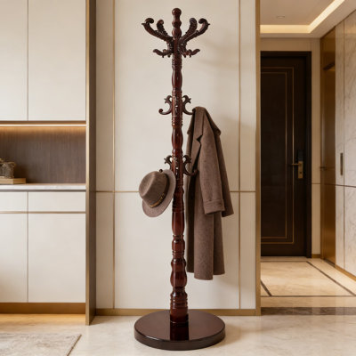 Solid Wood Freestanding Coat Rack With 14 Hooks, Vintage Style Entryway Hallway Coat Tree Hanger Stand, Sturdy Round Base For Heavy Duty Use