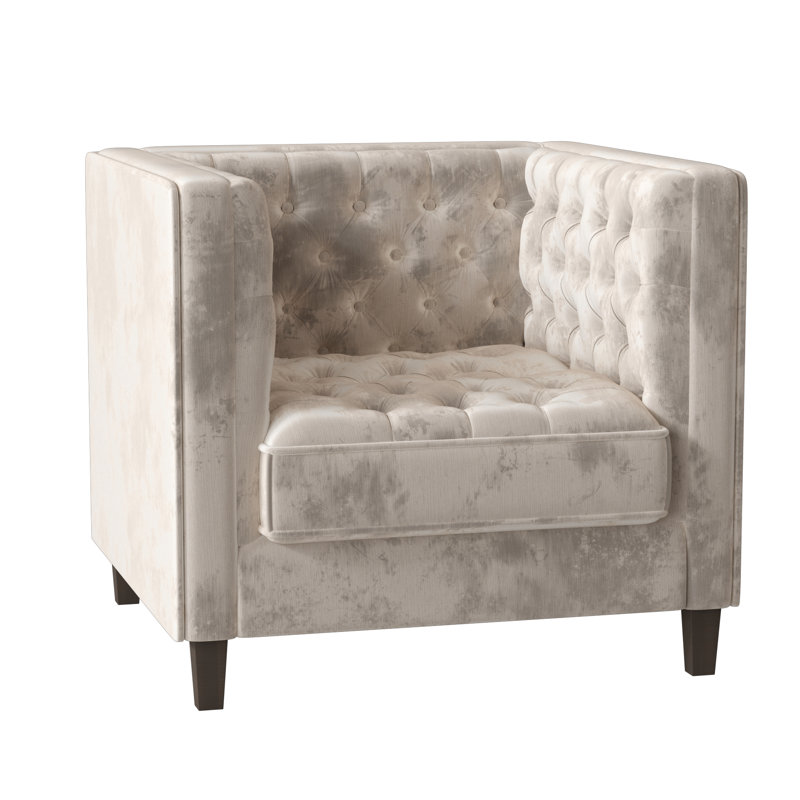 Jess Tufted Armchair, Bella White Performance Velvet, Brown Mahogany