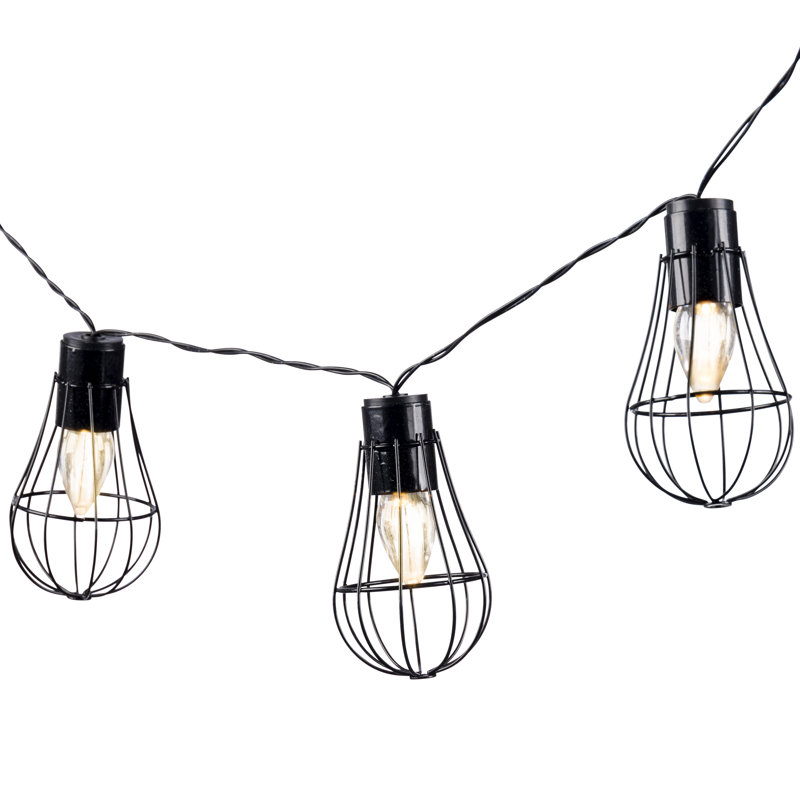 Decorative 10-Light Solar Metal Teardrop Cage String Lights – 6-Foot Industrial Black Outdoor Lighting with Warm White LED Bulbs