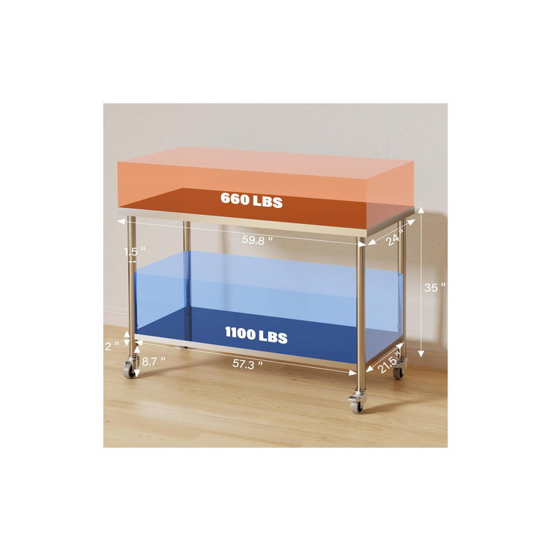 NSF Stainless Steel Prep Table with Adjustable Shelf & Casters, Commercial Work Table for Restaurant Kitchen