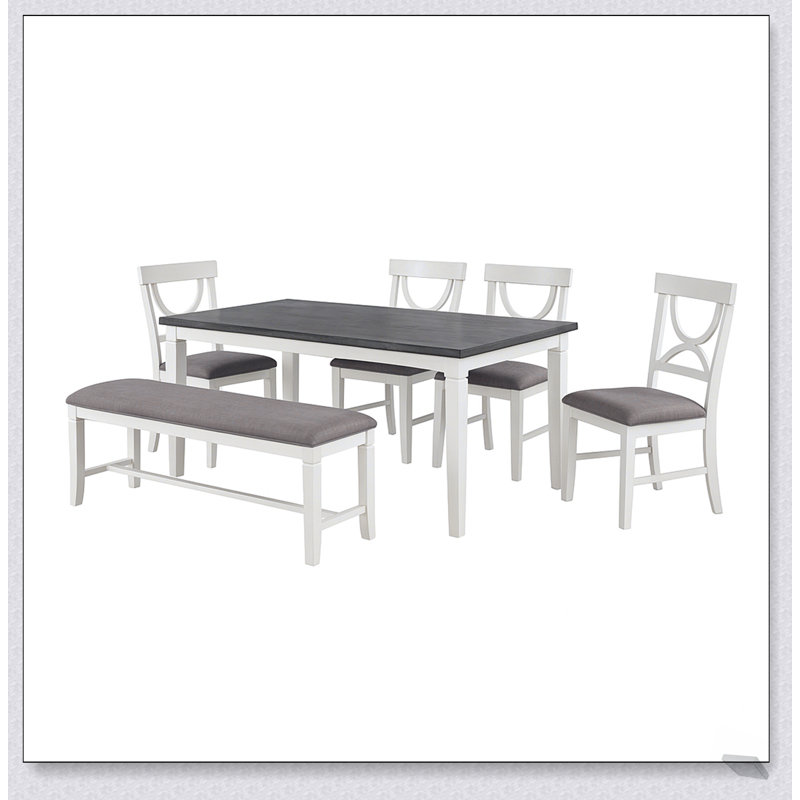 Ensemble de salle à manger 6 pièces en bois avec chaises rembourrées et banc Carrol, pour les intérieurs modernes et classiques.