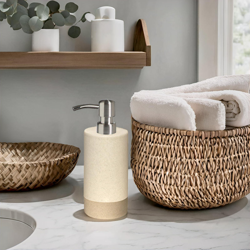 Ensemble d'accessoires de salle de bain 4, distributeur de savon beige pour la salle de bain, porte-brosse à dents, gobelet et porte-savon, essentiels pour nouvel appartement, décoration de salle de bain beige moderne (rustique)