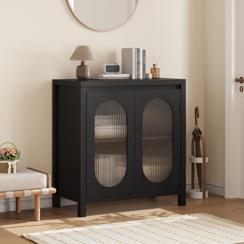 Buffet 32 po moderne avec portes en verre et tablettes réglables - rangement décoratif noir pour le salon, la salle à manger, le vestibule | Conception cannelée, panneau de fibres à densité moyenne robuste