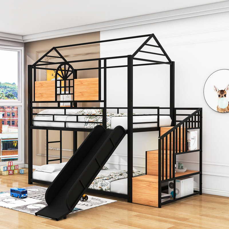 Lit superposé simple au-dessus de simple avec glissière et escalier de rangement Hamler, Noir