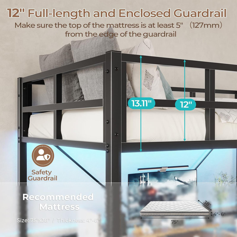 Loft Bed Twin Size With Led Lights Heavy Duty Metal Junior Twin Loft Bed Frame With Full-length Guardrail And Ladder, Noise-free, Space-saving, No Box Spring Needed