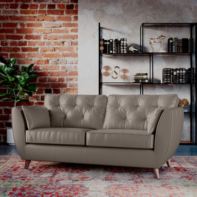 Marylin Leather 3 Seater Sofa, Stone Grey, Dark Wood