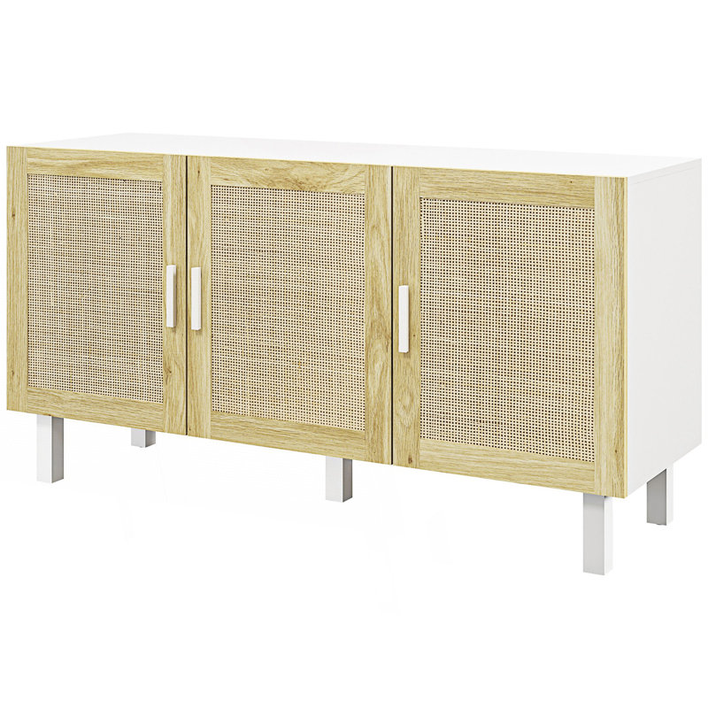 Sideboard Buffet Cabinet, Kitchen Cabinet, Coffee Bar Cabinet With 3 Rattan Doors, Entryway Cabinet, White/Natural