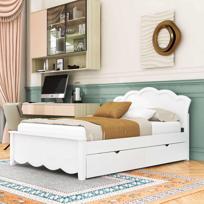 Wooden Two Drawers Platform Bed with Headboard and Slats, Lit double