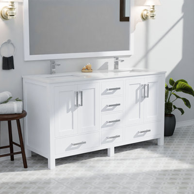 60 In. W X 22 D White Vanity With Quartz Top, Faucet, And 58 Mirror - Scratch Stain For Daily Use Bath Surface, 58" Long-term Function Durability