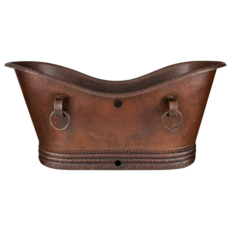 67" Hammered Copper Double Slipper Bathtub with Rings and Overflow Holes