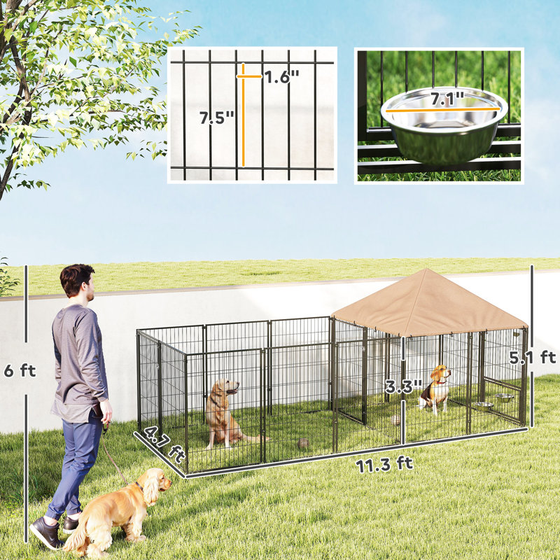 Chenil d'extérieur pour chien avec toit, bols ajustables et enclos spacieux pour grands animaux. Couleur café. Espace privé, aire de jeux et système de rotation à 360°.