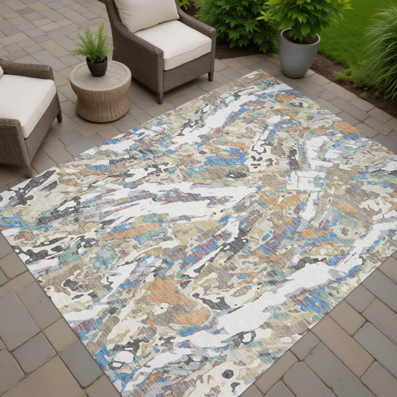 Machine Washable Indoor/Outdoor Chantille ACN2441 Abstract Rug, Ivory, 5' x 7'6"