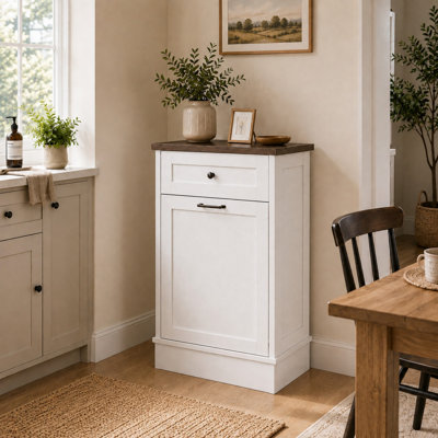 Tilt Out Trash Bin Cabinet, Wooden Garbage Can Cabinet For Kitchen And Laundry -White