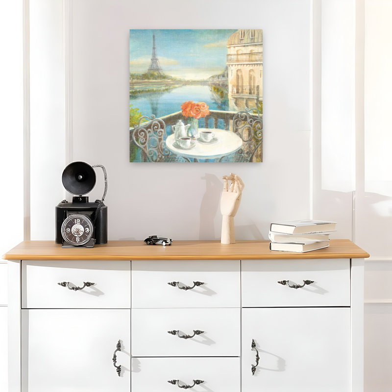 Art contemporain bleu matin sur la seine avec balcon, H 18 po x l 18 po