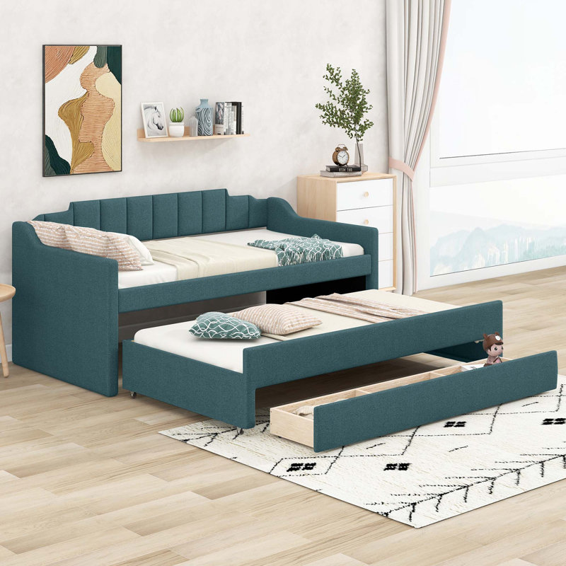 Lit plateforme en bois avec lit gigogne et 2 tiroirs, Simple, Vert
