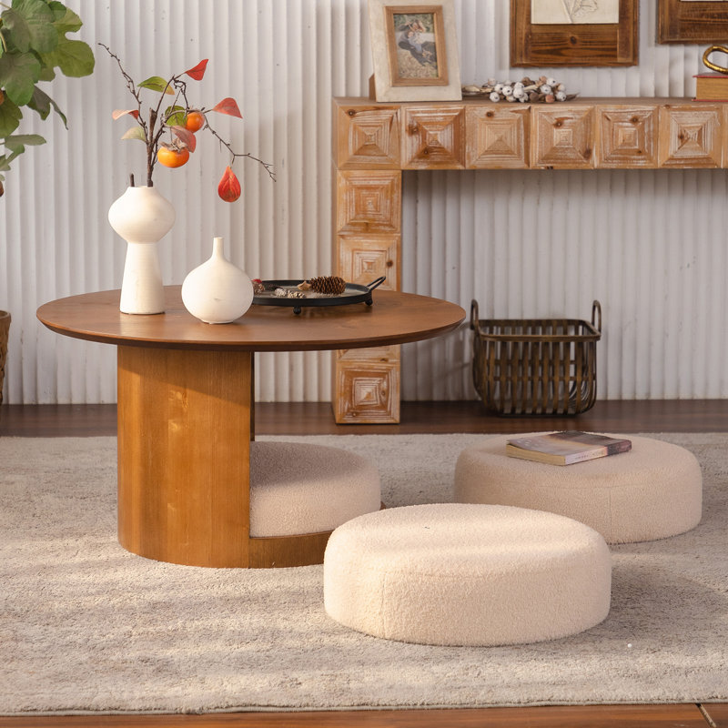 Table basse ronde en bois avec tabourets gigognes en tissu à motifs d'oursons