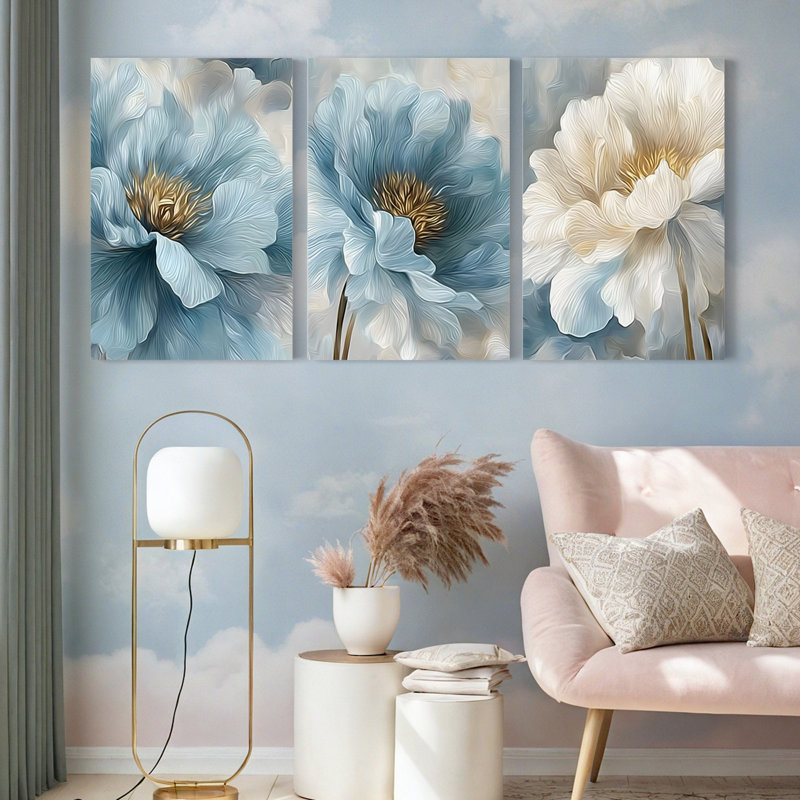 "Blue Floral", art mural, reproduction de peinture à l'huile (ensemble de 3), H 24 po x l 48 po