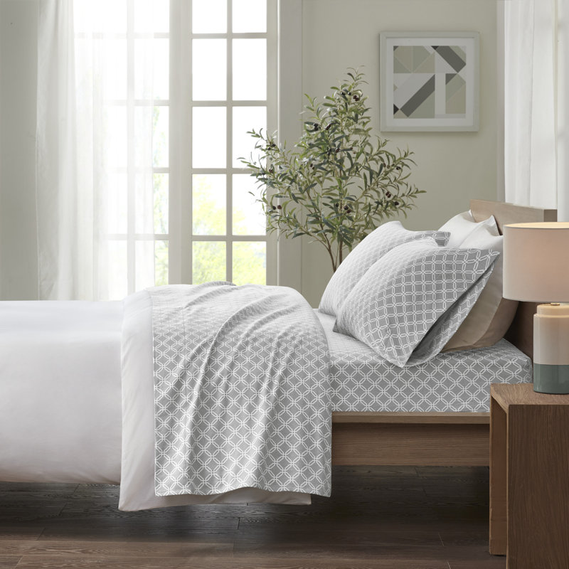 Ensemble de draps 100% coton Cozy, Ensemble de draps pour lit simple TG avec 1 taie d, Motif géométrique gris