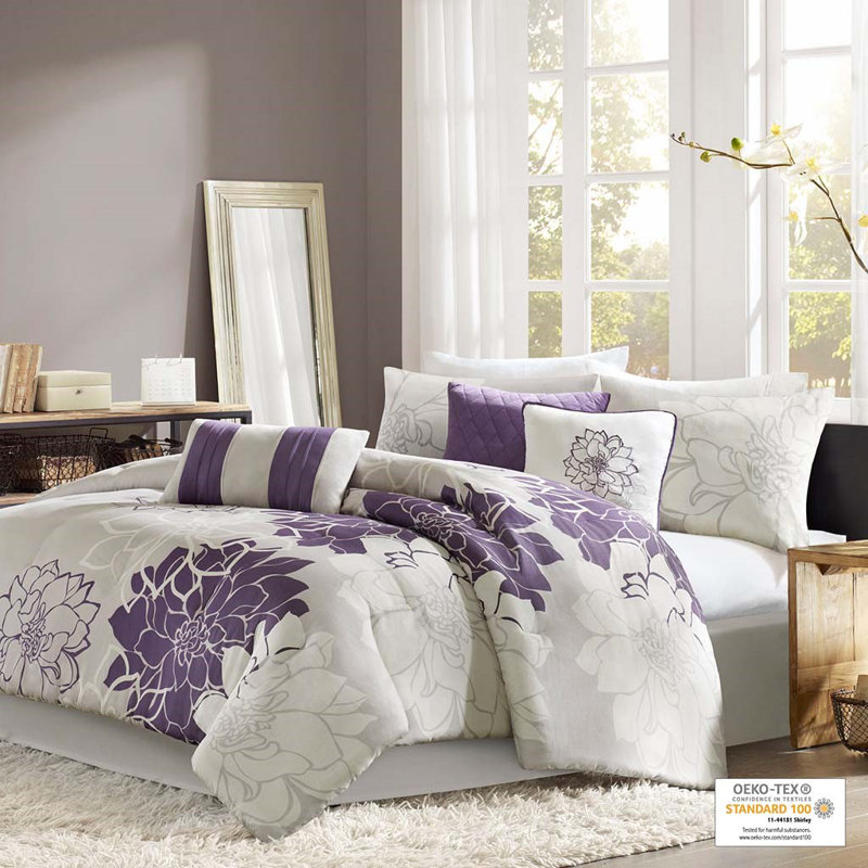 Ensemble d'édredon en satin de coton à très grand imprimé - très grande literie à motif floral, Mauve
