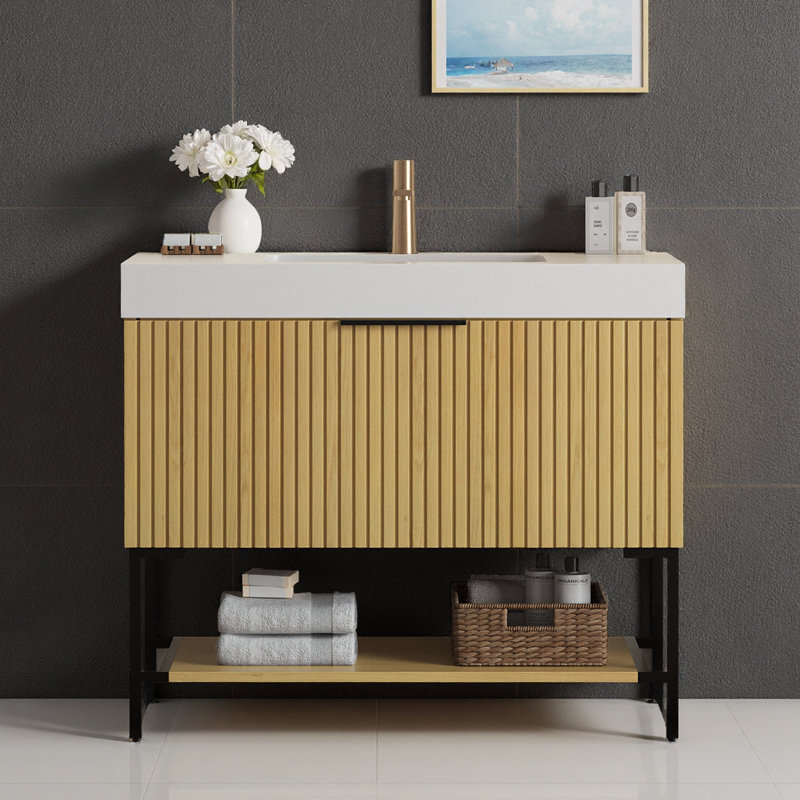 Ensemble de meuble-lavabo sur pied 36 po avec lavabo à surface solide YOLAN, armoire en chêne Corolla, tiroir à fermeture en douceur
