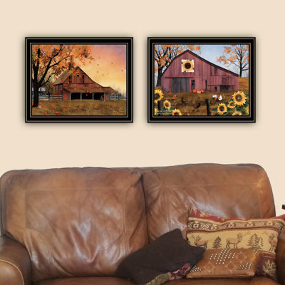 Gorgeous 2 Bedroom Wall Art: Apple Picking Time & Sunflower Quilt Barn. Multi Color. Wood + Paper. 18"X1"X14", 5Lb. Made In Living Room Art Decor: Time, Handmade