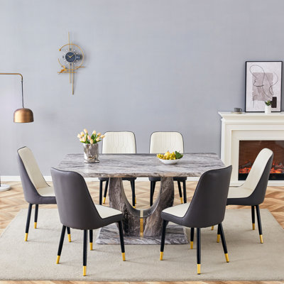 63" Modern Gray Dining Table Set With PU Leather Chairs, U-Shaped MDF Base