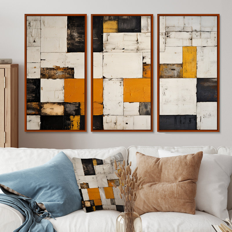 «Cubist Retro Patchwork», ensemble d'art mural abstrait, Cadre flottant brun, H 40 po x l 60 po x P 1 po
