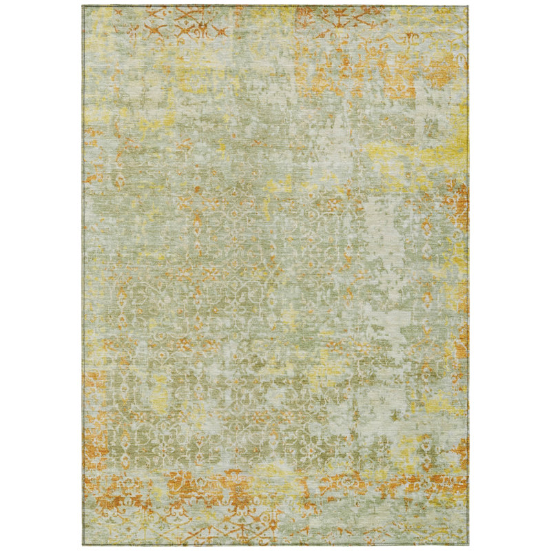Sage and Yellow Flat Woven Synthetic Rectangular Rug 5' x 7'