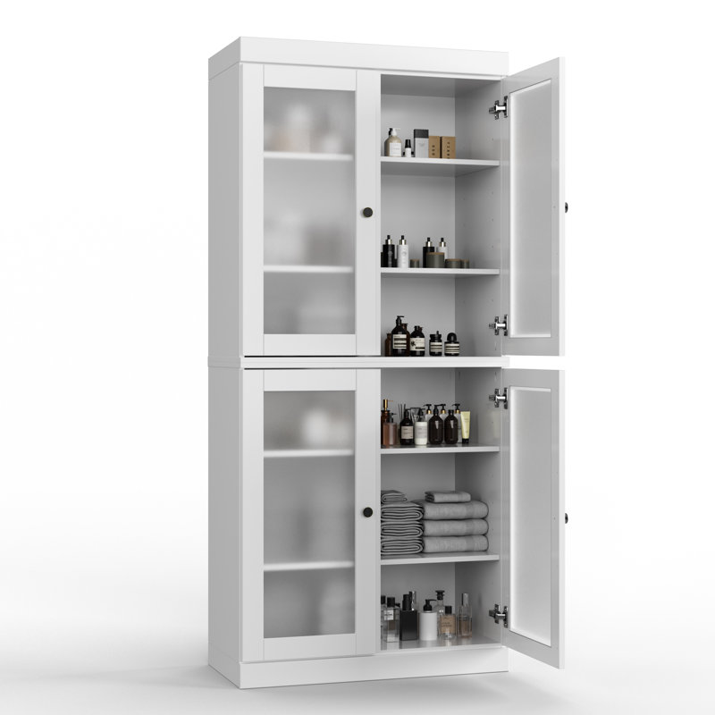 100% Solid Wood 32" Bathroom Cabinet with Frosted Glass Doors and Adjustable Shelves, White
