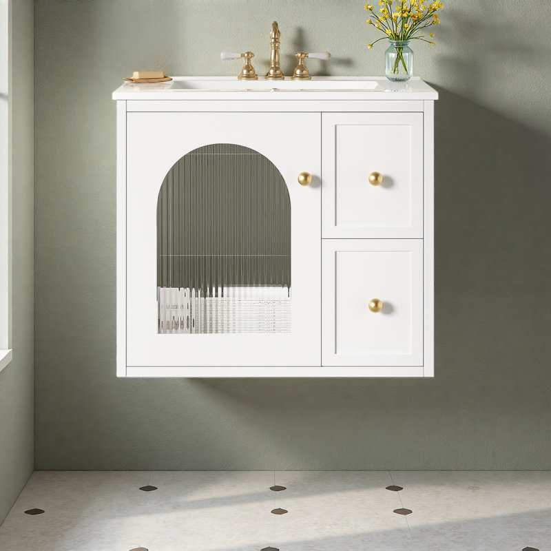 Ensemble de meuble-lavabo mural 24 po pour petit espace, armoire de salle de bain avec lavabo en céramique, 2 tiroirs et 1 porte à fermeture en douceur