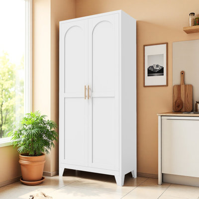 Armoire de rangement 71 po, blanche, 2 portes galbées, salon, cuisine idéale pour la chambre à coucher et le bureau