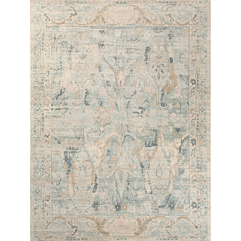 Hand Knotted Wool Abstract Area Rug in Turquoise/Beige, Rectangle 12' x 15'