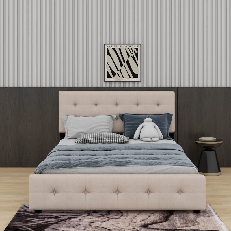 Grand lit plateforme tapissier avec 2 tiroirs et un lit gigogne, Beige foncé
