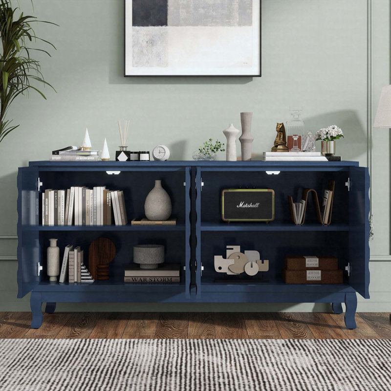 Elegant 4-Door Sideboard With Wavy Pattern Doors, Natural Wood Veneer, Adjustable Storage And Rebound Opening Design, Modern Accent Buffet For Living Room Or Entryway