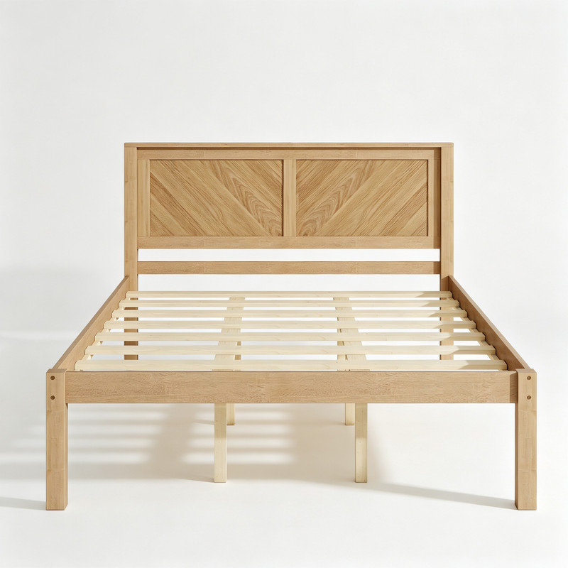 Lit plateforme en chêne massif naturel de taille Queen – Adopte un design à chevrons de style campagnard avec une tête de lit en bois à chevrons, offre un espace de rangement sous le lit et ne nécessite pas de sommier.