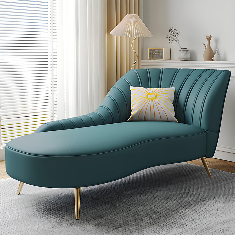 Chaise longue de détente moderne en similicuir, Bleu paon, Accoudoir à droite (vu de face)