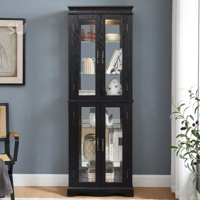 Lighted Glass Curio Display Cabinet With Wood Frame - Elegant Storage For Collectibles, Wine, And Decor - Perfect For Living Room And Kitchen