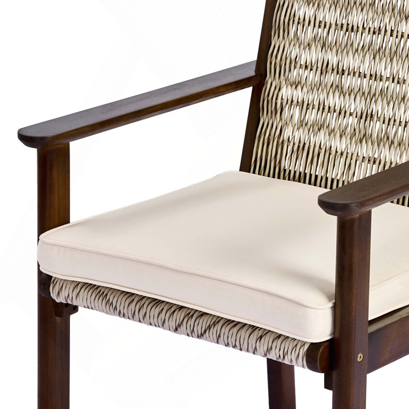 Ensemble de 2 fauteuils de salle à manger d'extérieur en bois d'acacia et rotin tressé pour terrasse, Beige, Dark Brown
