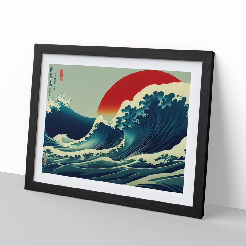 Japanese Wave Red Sun - Single Picture Frame Print, Black Framed, 46cm H x 64cm W x 2cm D