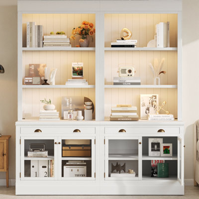 Bibliothèque haute avec éclairage à DEL, bibliothèque moderne avec 2 portes en verre et 1 tiroir, bibliothèque de rangement avec tablettes ouvertes pour le salon, le bureau personnel