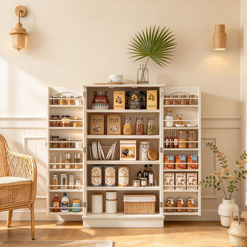Armoire de cuisine avec 12 étagères à épices, 2 tablettes réglables et 2 portes, White
