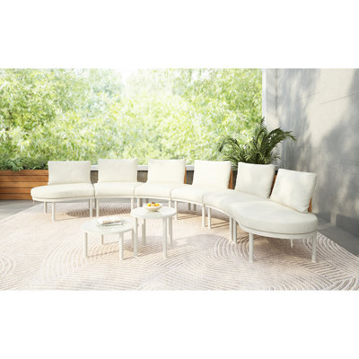 Mobilier de patio 8 pièces: modulaire extérieur demi-lune avec 2 tables basses hautes et basses, pe, verre trempé, 6 coussins moelleux, pour jardin, cour ou bord de piscine, structure et table, amovible
