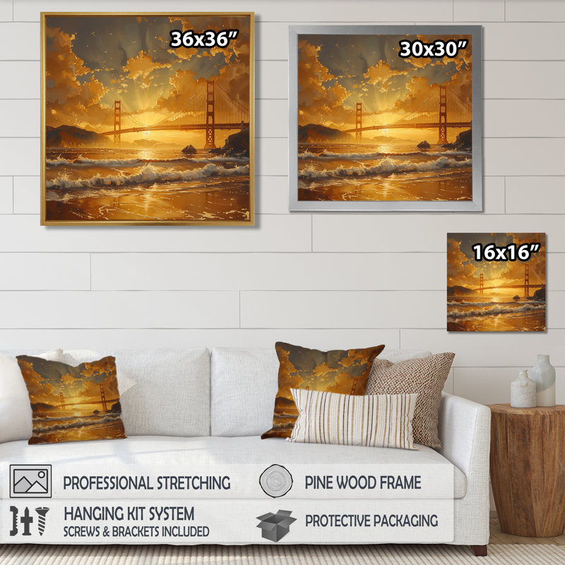Impression d'art mural jaune et blanc Golden Gate Bridge - Ponts, H 16 po x l 16 po x P 1 po, Cadre simple noir